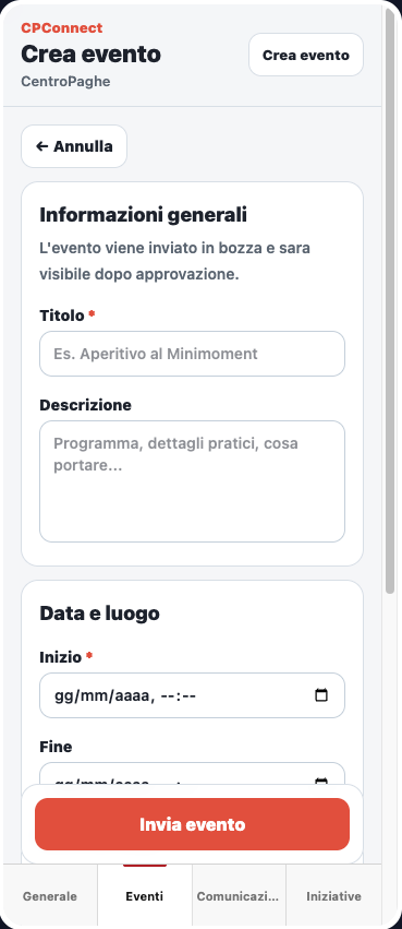 Creazione evento CPConnect Light