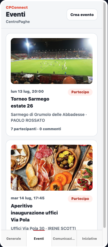 Lista eventi CPConnect Light